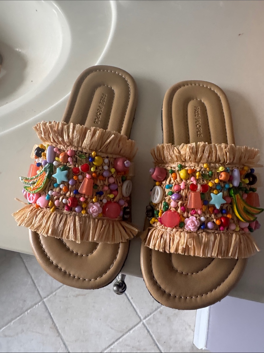 Free People Beige Embellished Raffia Slide Sandals with Multicolor Beads. New